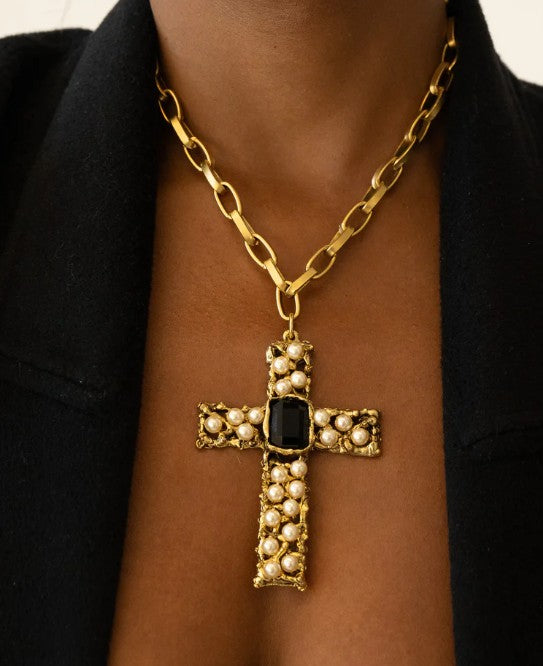 Black Stone Cross Necklace